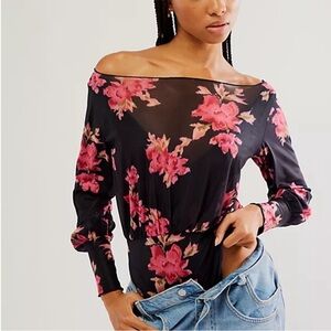 NWT Free People Red Rose Floral Bodysuit Size Small Snap gusset thong style